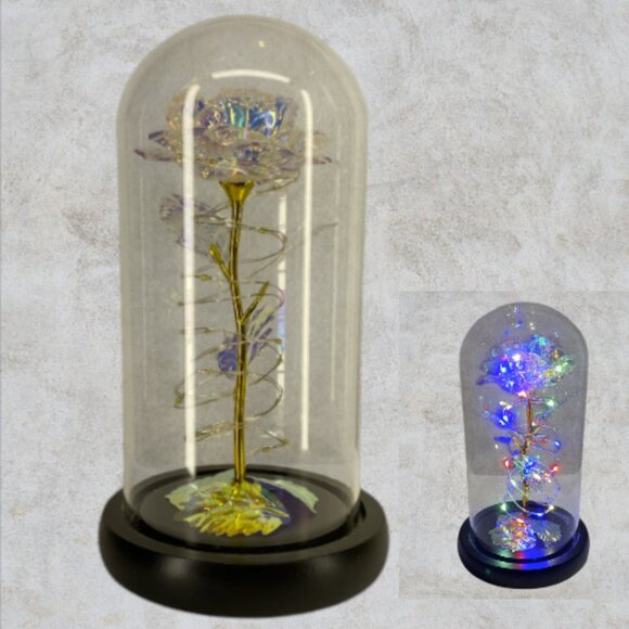 LOVE FOREVER LED ROSE -- Metallic Rose Inside Glass Dome, Lighted, LED, Like New - Picture 1 of 14